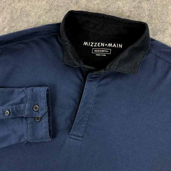 Mizzen+Main Polo Mens Medium Trim Navy Blue Long Sleeve Pullover Shirt Stretch‎ - Picture 1 of 12